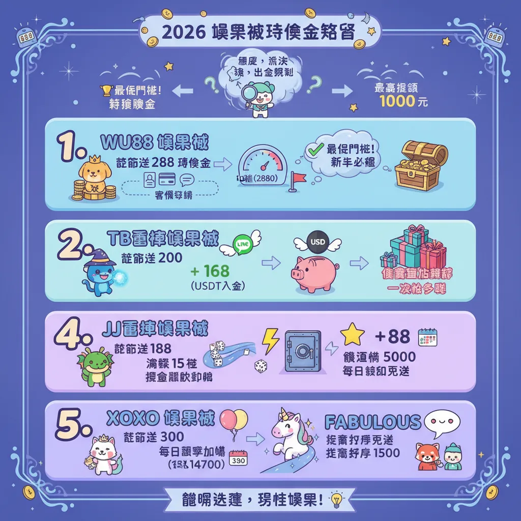 2026 年 5 大熱門娛樂城體驗金比較：優惠額度、流水限制與出金速度全解析